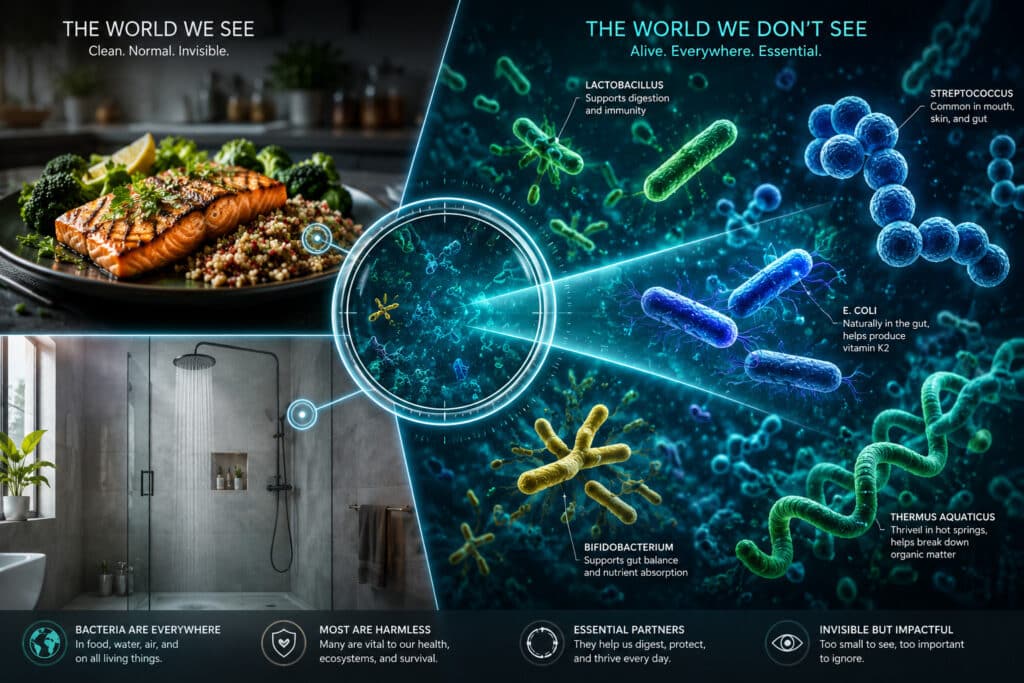 A split-screen graphic contrasting a fresh, normal-looking meal and a clean bathroom shower head on one side with a vibrant, 3D microscopic view of colorful rod and spherical bacteria on the other side, illustrating the invisible presence of microbes.