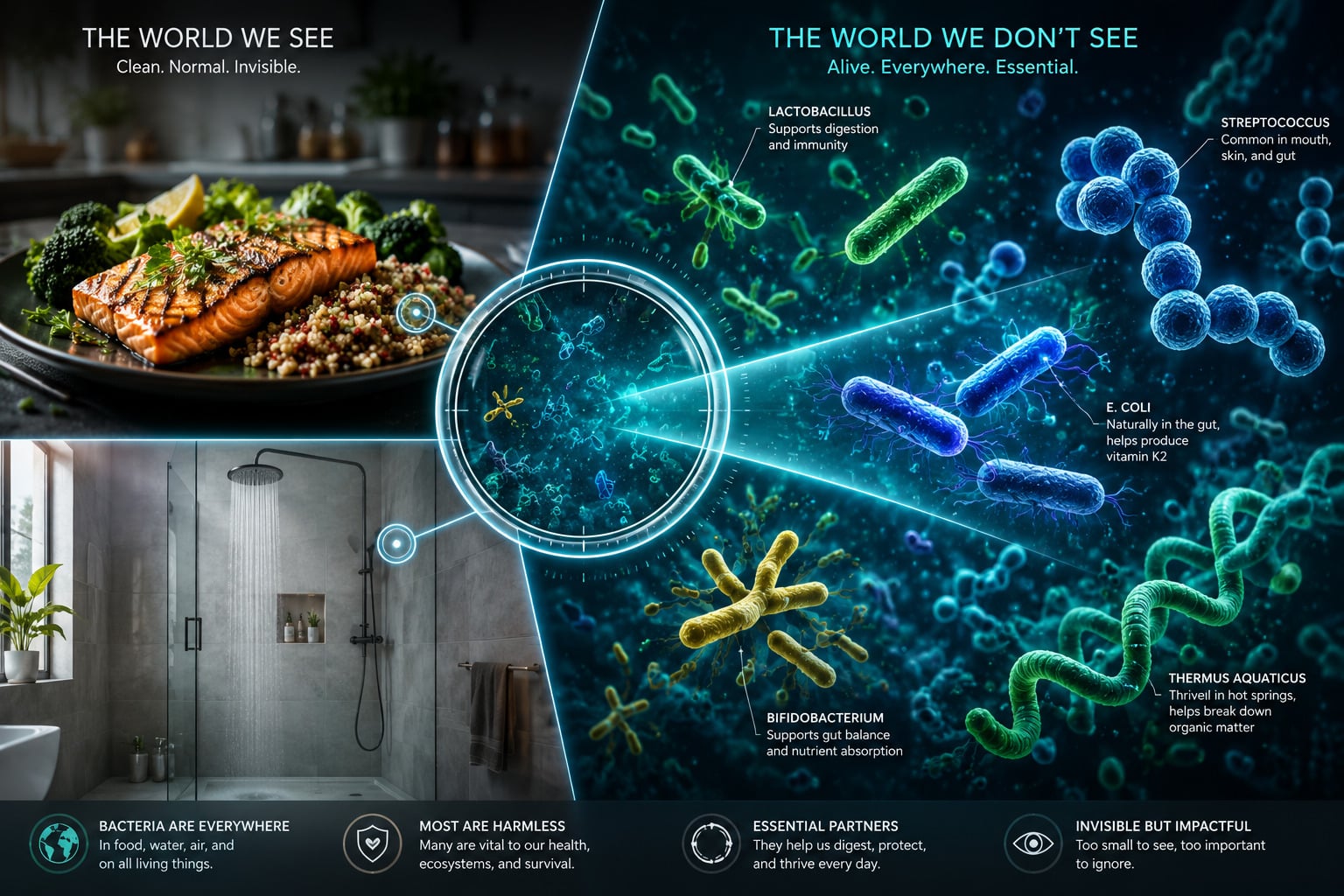 A split-screen graphic contrasting a fresh, normal-looking meal and a clean bathroom shower head on one side with a vibrant, 3D microscopic view of colorful rod and spherical bacteria on the other side, illustrating the invisible presence of microbes.